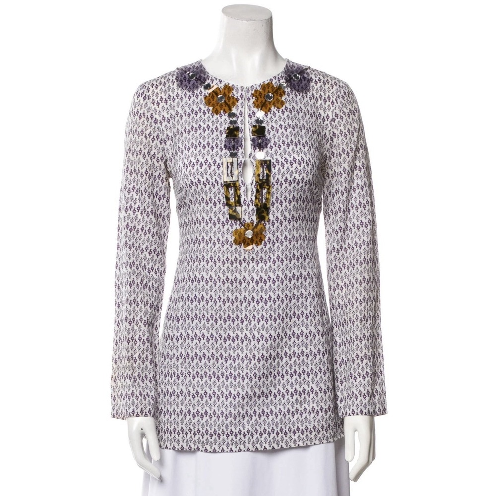 Tory Burch Sz‎ 6 Printed Cotton And Silk V Neck Tunic Top Purple Beaded Neckline